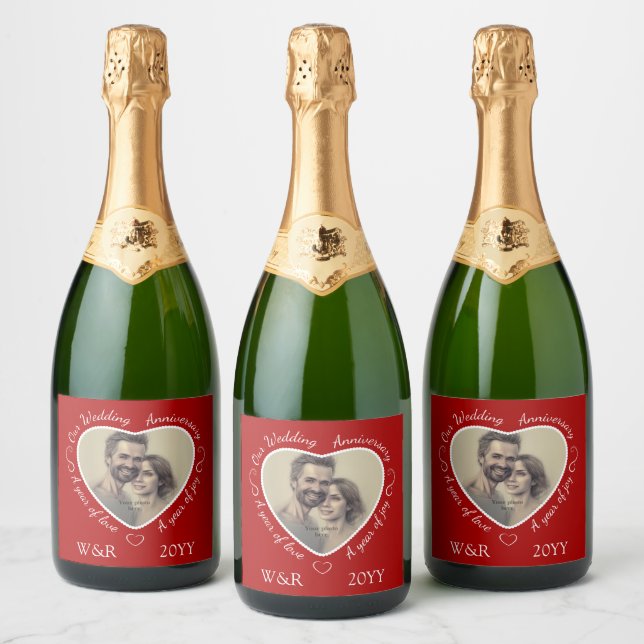 Wedding anniversary - custom heart photo and text  sparkling wine label (Bottles)