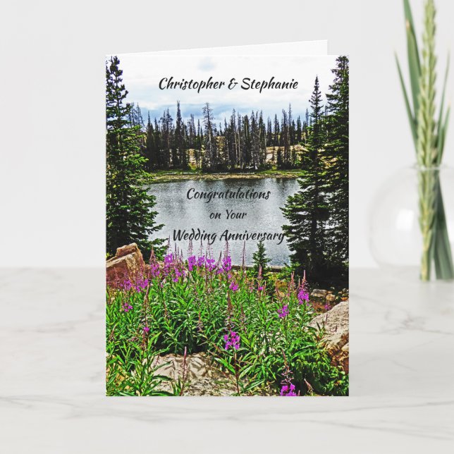 Wedding Anniversary, Deep Pink Flowers, Lake, Name Card (Front)