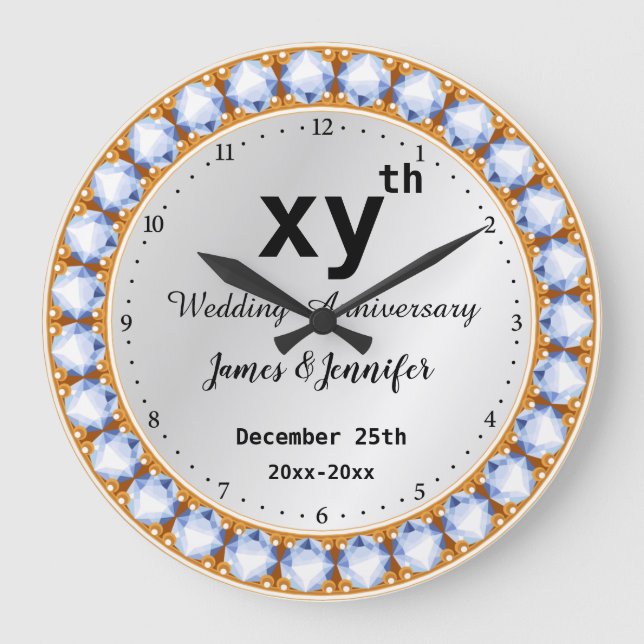 Wedding Anniversary diamond Custom years & names Large Clock (Front)