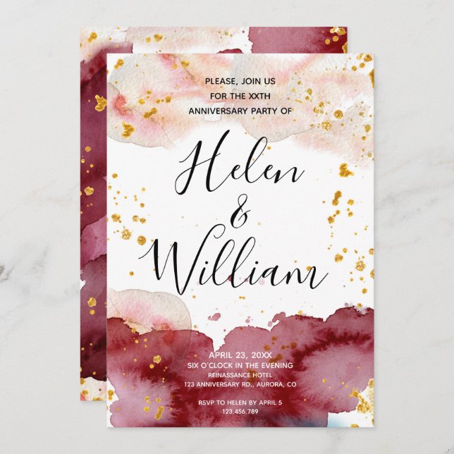 Wedding Anniversary Gold and Burgundy Invitation (Front/Back)