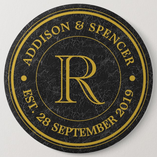Wedding Anniversary Gold Monogram Black Leather 6 Inch Round Button (Front)