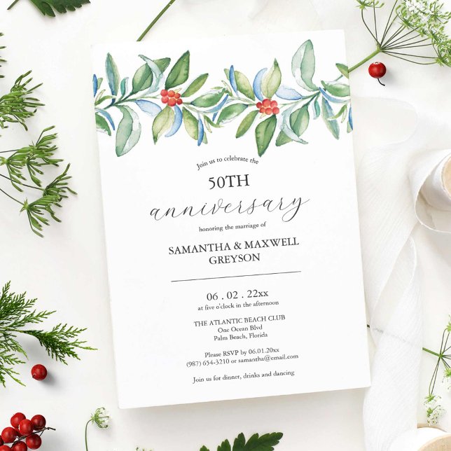 Wedding Anniversary Invitations Christmas Greenery (50th Anniversary Invitations watercolor winter red berries and greenery art by Victoria Grigaliunas)