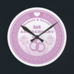 Wedding anniversary Lace look change the year Round Clock<br><div class="desc">A romantic design for a husband and wife on their wedding anniversary. This design has a lace look border and can be customised with a husband and wife's name in the year of the anniversary which ch they're celebrating.</div>
