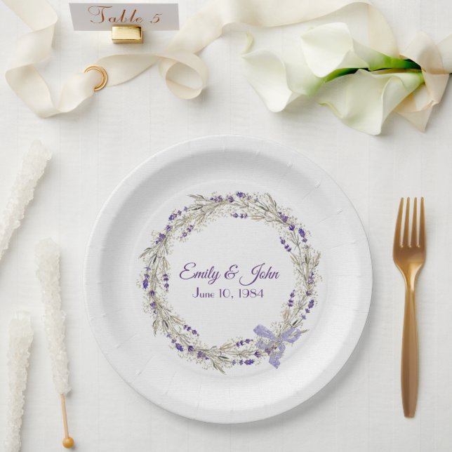 Wedding Anniversary Lavender Wreath Paper Plate (Wedding)