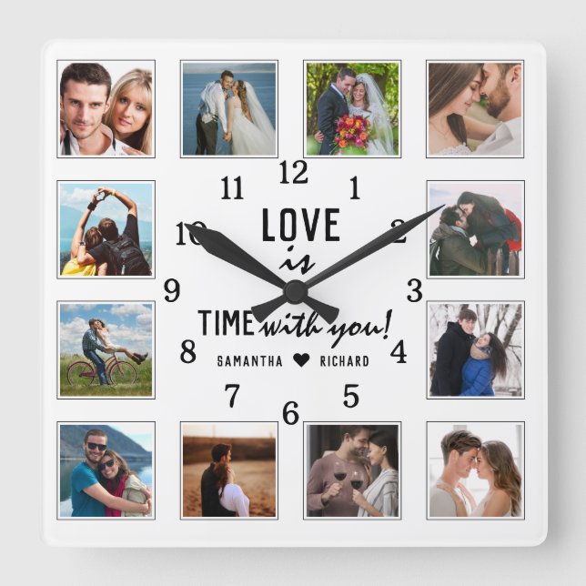 Wedding Anniversary Love Quote 12 Photo Collage Square Wall Clock (Front)