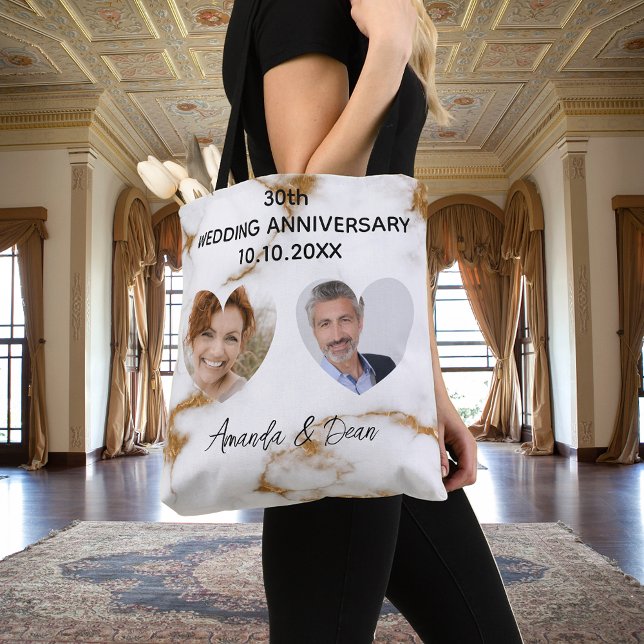 Wedding anniversary marble gold photo tote bag (Creator Uploaded)