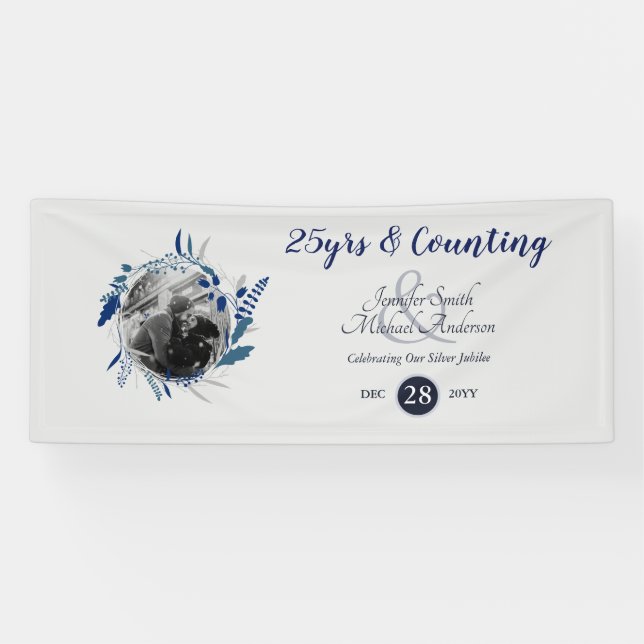 Wedding Anniversary Party PHOTO Welcome Blue Grey Banner (Horizontal)