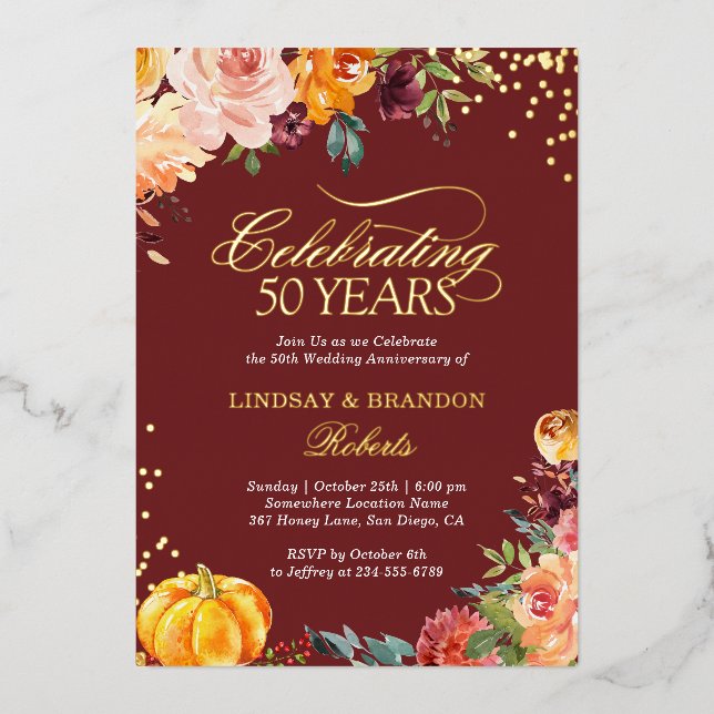 Wedding Anniversary Photo Autumn Burgundy Gold (Front)