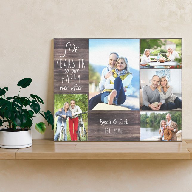 Wedding Anniversary Photo Collage Brown Wood Look Canvas Print (Creator Uploaded)