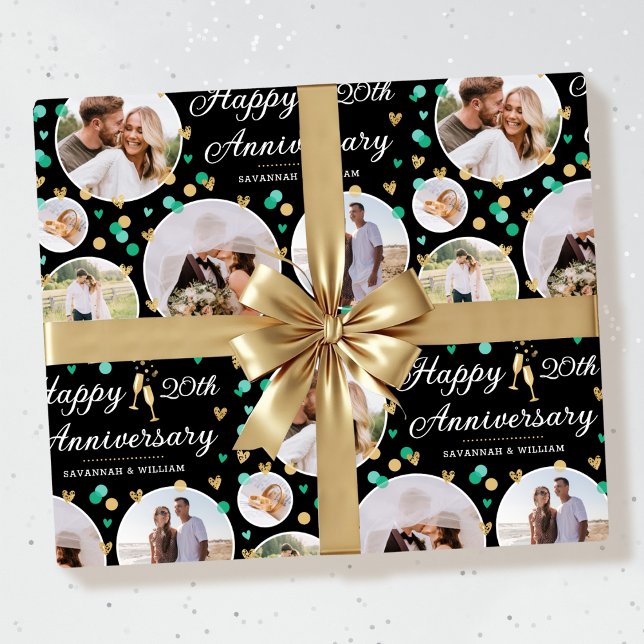 Wedding Anniversary Photo Collage Elegant Green Wrapping Paper (Creator Uploaded)