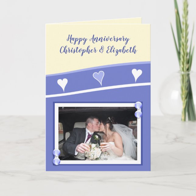 Wedding Anniversary Purple and cream photo Card (Front)