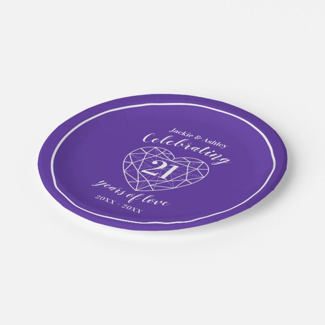 Wedding anniversary purple iolite 21 years party paper plate (Angled)
