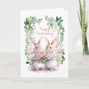 Wedding Anniversary Rabbits with Watercolor Flower Card