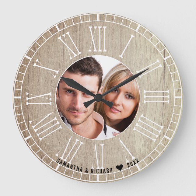 Wedding Anniversary Roman Numerals Photo Wood Large Clock (Front)
