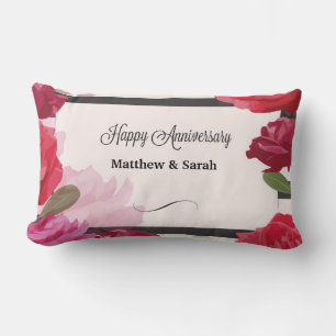 Wedding Anniversary Roses, Stripes, Custom Names Lumbar Pillow