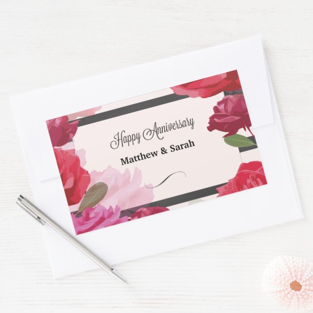 Wedding Anniversary Roses, Stripes, Custom Names Sticker (Envelope)
