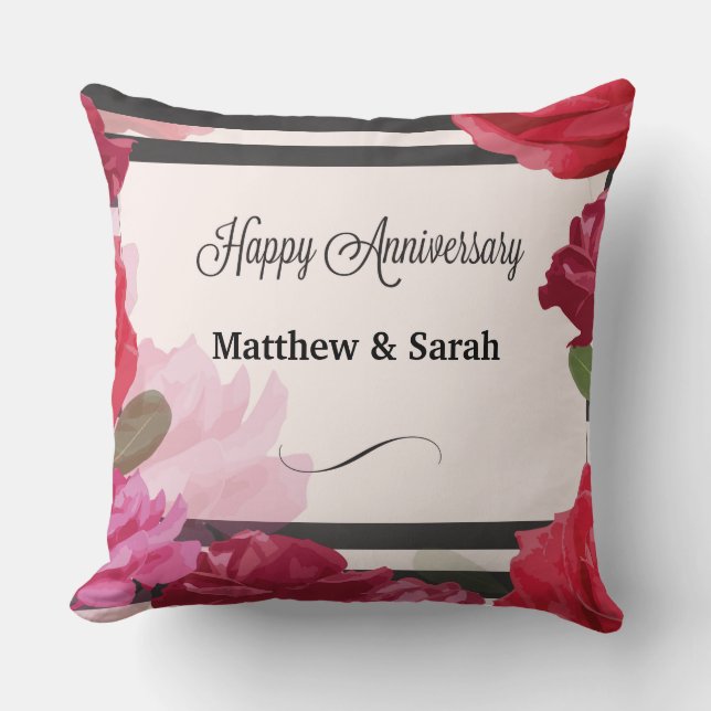 Wedding Anniversary Roses, Stripes, Custom Names Throw Pillow (Front)