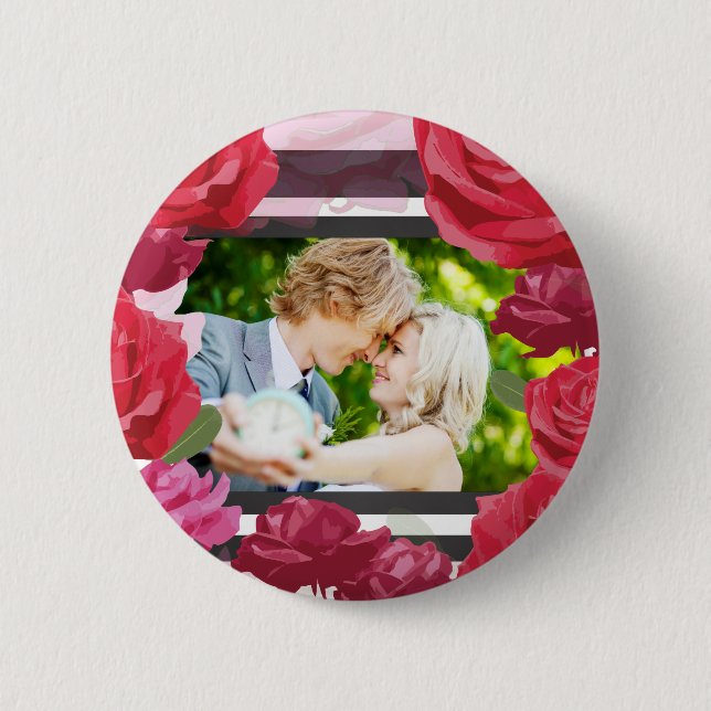 Wedding Anniversary Roses, Stripes, Custom Photo 2 Inch Round Button (Front)