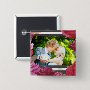 Wedding Anniversary Roses, Stripes, Custom Photo 2 Inch Square Button