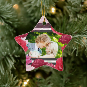 Wedding Anniversary Roses, Stripes, Custom Photo Ceramic Ornament
