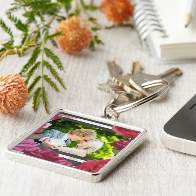 Wedding Anniversary Roses, Stripes, Custom Photo Keychain (Side)