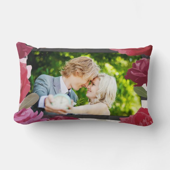 Wedding Anniversary Roses, Stripes, Custom Photo Lumbar Pillow (Front)
