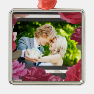 Wedding Anniversary Roses, Stripes, Custom Photo Metal Ornament