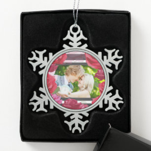 Wedding Anniversary Roses, Stripes, Custom Photo Snowflake Pewter Christmas Ornament
