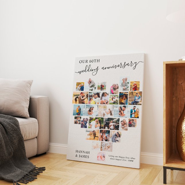 Wedding Anniversary Script Heart Photo Collage Canvas Print (Creator Uploaded)