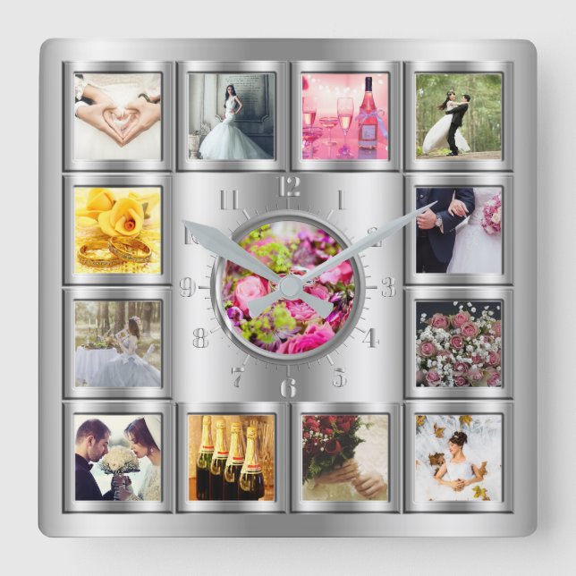 Wedding, Anniversary, Special Event Silver Collage Square Wall Clock (Front)