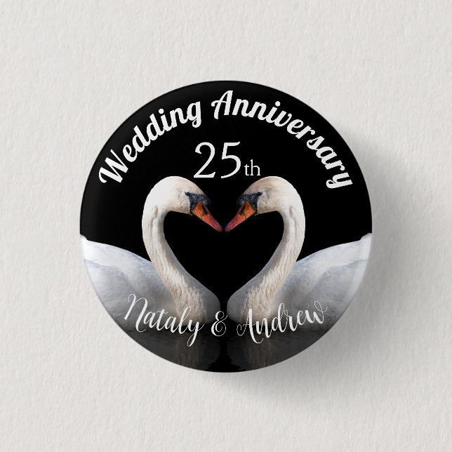 Wedding Anniversary two swans Black 1 Inch Round Button (Front)