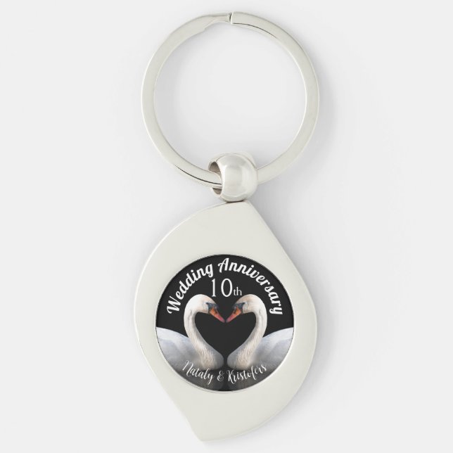 Wedding Anniversary two swans Black Keychain (Front)