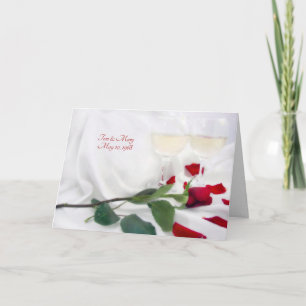 wedding anniversary wine and rose on satin card