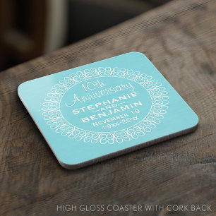 Wedding Anniversary with Teal Blue Background Coaster