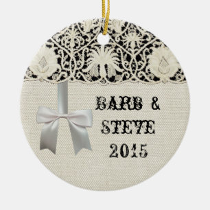 Wedding Antique Lace Linen White Classic Pretty Ceramic Ornament