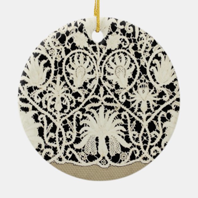 Wedding Antique Lace Linen White Classic Pretty Ceramic Ornament (Back)