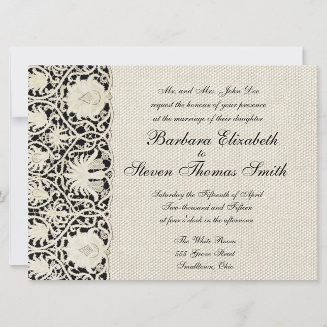Wedding Antique Lace Linen White Classic Pretty Invitation (Front)