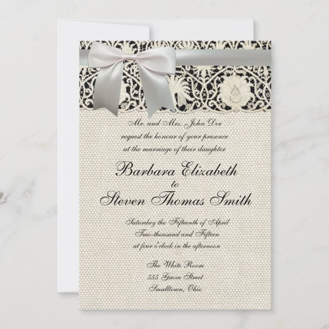 Wedding Antique Lace Linen White Classic Pretty Invitation (Front)