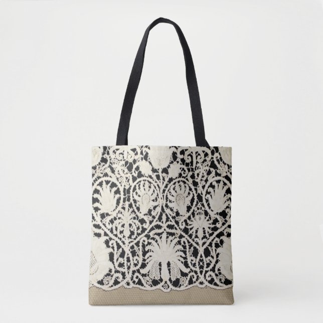 Wedding Antique Lace Linen White Classic Pretty Tote Bag (Front)