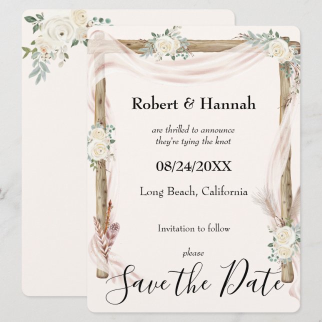 Wedding Arch and Roses Cream Gold Save the Date  (Front/Back)