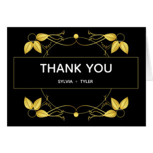 Wedding Art Deco Gold Black Leaf Thank You
