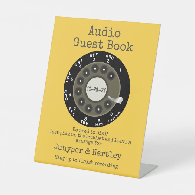 Wedding Audio Guest Book Black Rotary Dial Yellow Pedestal Sign (Front)