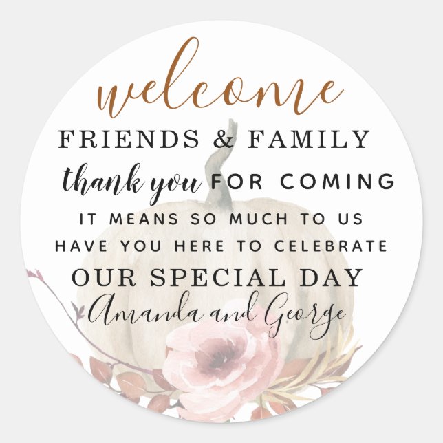 Wedding autumn pumpkin thank you classic round sticker (Front)