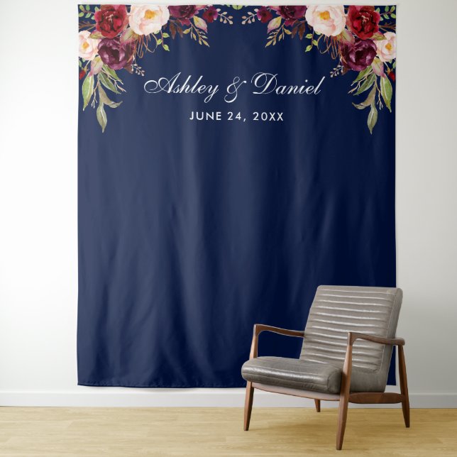 Wedding Backdrop Photo Booth Prop Burgundy Blue Tapestry (In Situ)