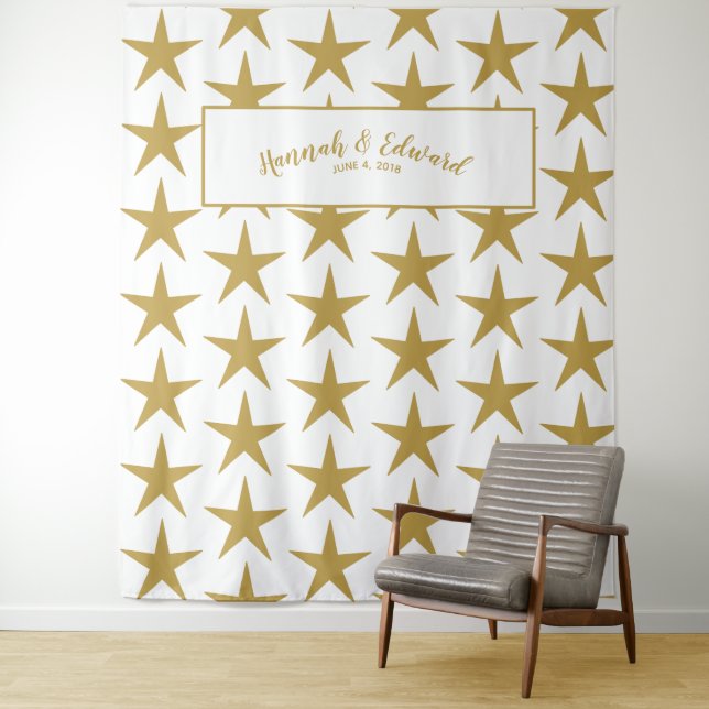 Wedding backdrop, photo prop, custom gold & white tapestry (In Situ)