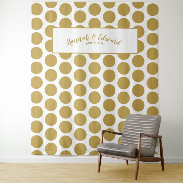 Wedding backdrop, photo prop, custom gold & white tapestry (In Situ)