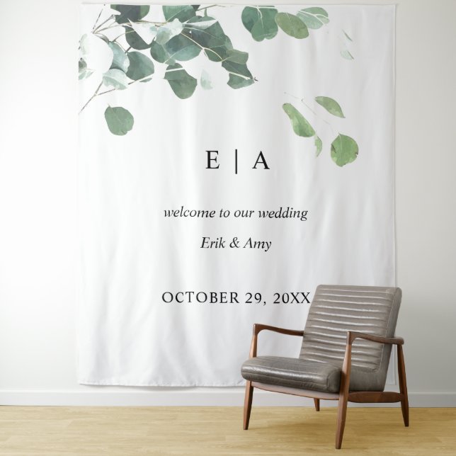 Wedding backdrop, welcome sign eucalyptus tapestry (In Situ)