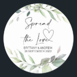 Wedding Bag Favor Spread the Love Jam Eucalyptus Classic Round Sticker<br><div class="desc">Your wedding will be a sparkling and sophisticated affair, so it is only fitting you express that sophistication in every detail of your special day right down to the smallest personalized touches. Stylish and beautiful these personalized wedding stickers are perfect for wedding favors or as envelope seals on your engagement,...</div>