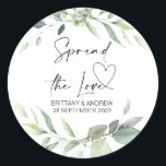 Wedding Bag Favor Spread the Love Jam Eucalyptus Classic Round Sticker<br><div class="desc">Your wedding will be a sparkling and sophisticated affair, so it is only fitting you express that sophistication in every detail of your special day right down to the smallest personalized touches. Stylish and beautiful these personalized wedding stickers are perfect for wedding favors or as envelope seals on your engagement,...</div>