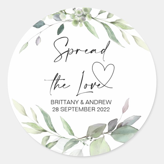 Wedding Bag Favor Spread the Love Jam Eucalyptus Classic Round Sticker (Front)